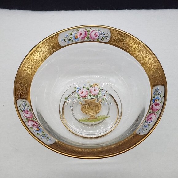 Vintage Hand-Painted Glass Bowl With Gold Trim Enamel Floral Design 5" Diameter - Picture 2 of 10